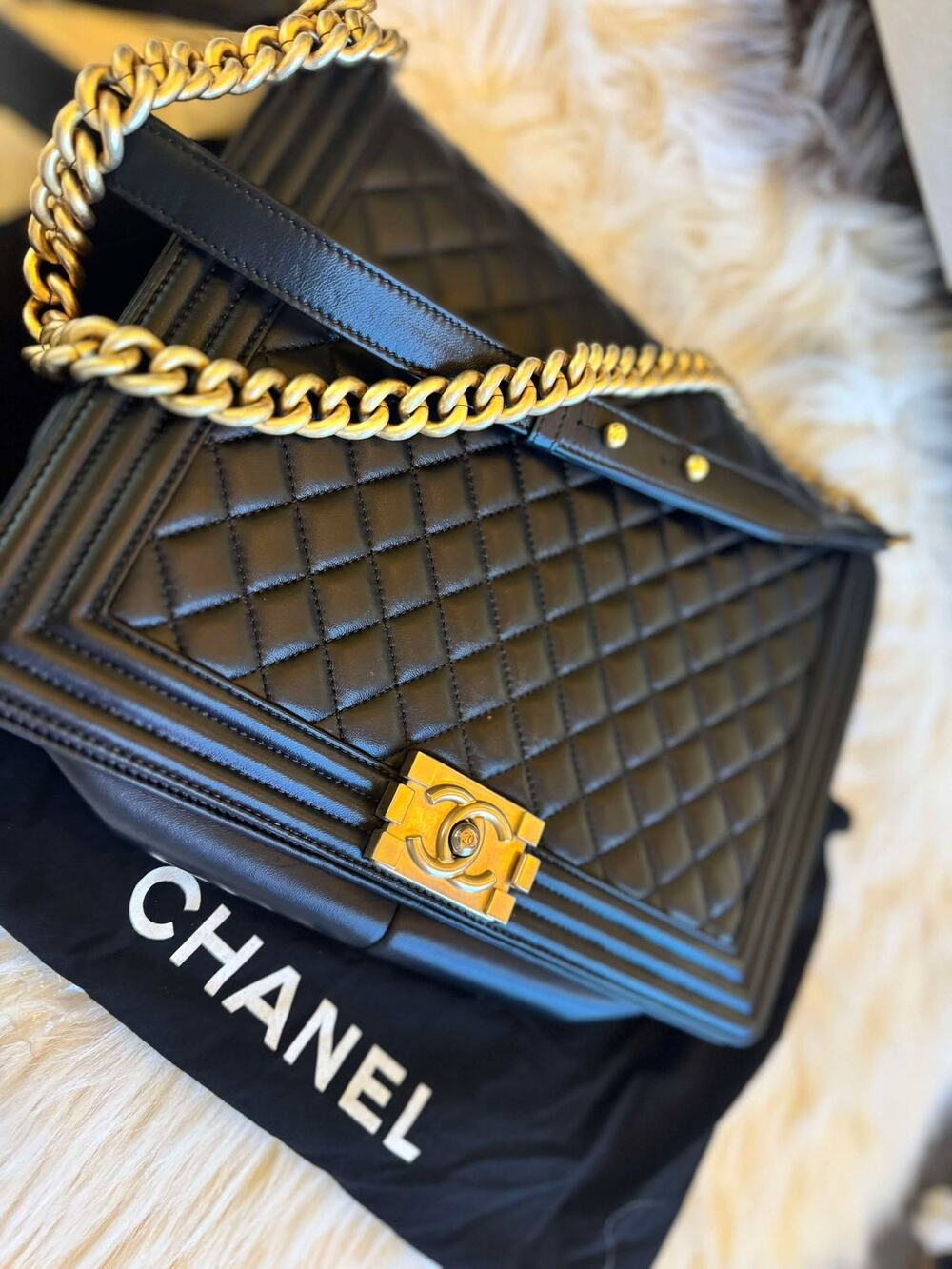Authentic Large Chanel Boy Bag - Black with Gold Hardware
